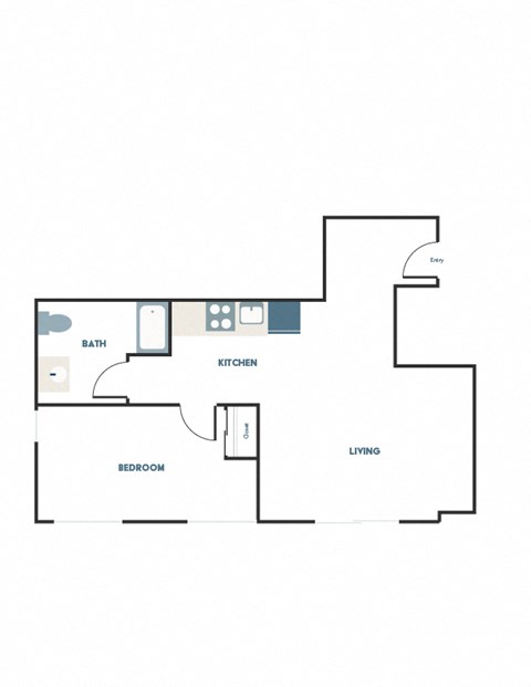 A floor plan of a living space with a bedroom, kitchen, and bathroom.
